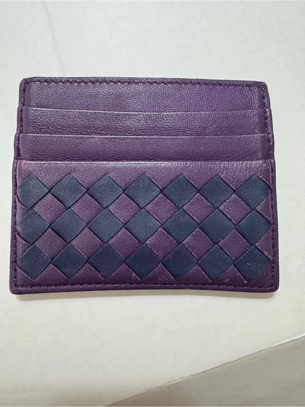 Bottega Veneta Leather Card Holder in Deep Purple with Woven Detail